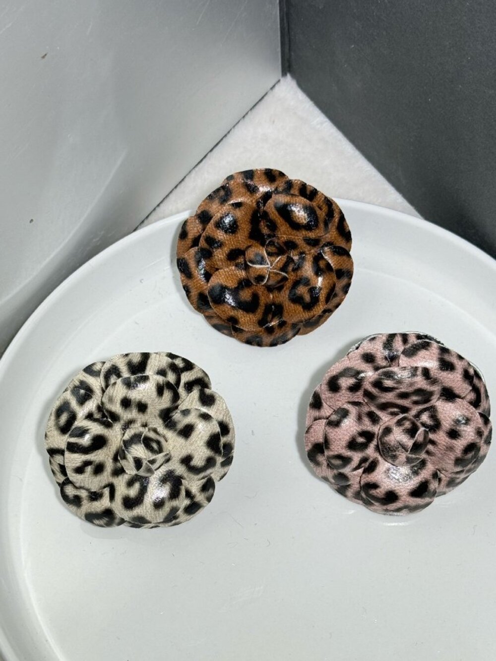 Leopard Print Camellia Flower Brooch
